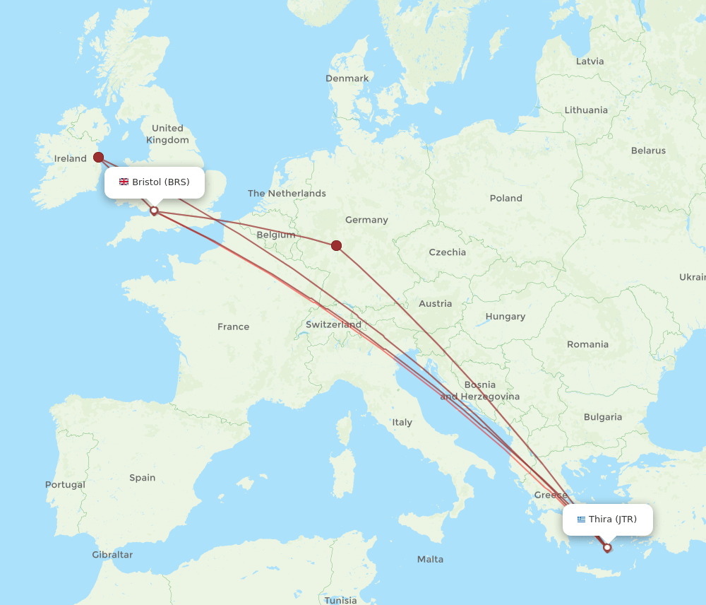 BRS to JTR flights and routes map