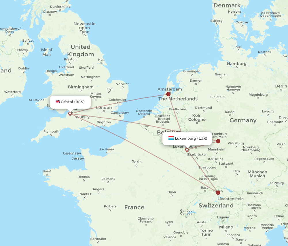 BRS to LUX flights and routes map