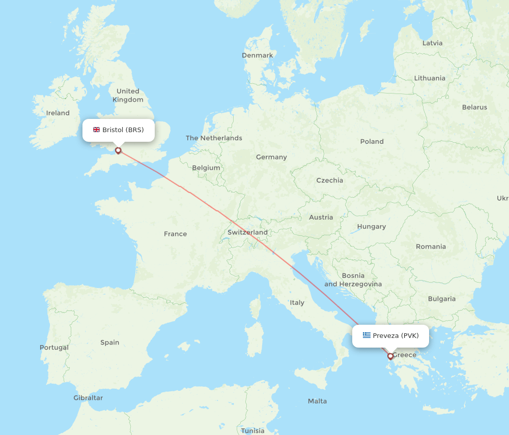 Bristol - Preveza route map and flight paths
