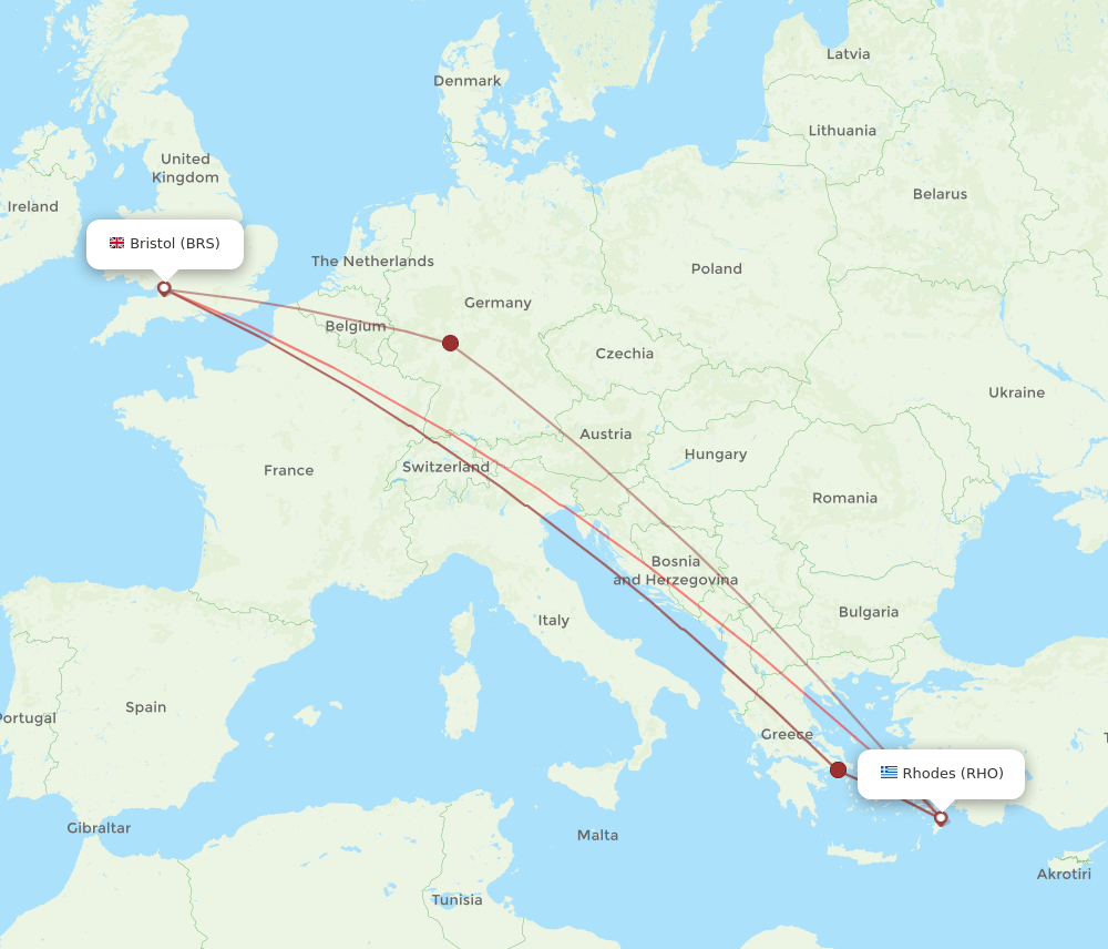 Bristol - Rhodes route map and flight paths