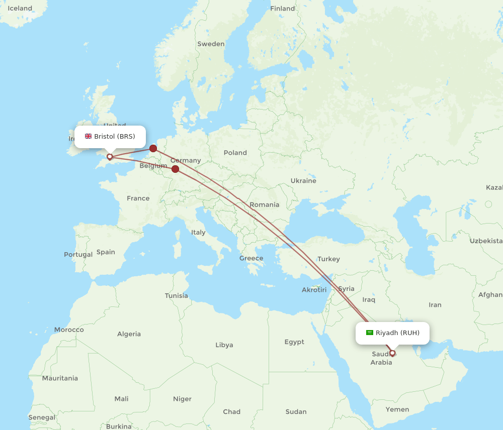 BRS to RUH flights and routes map