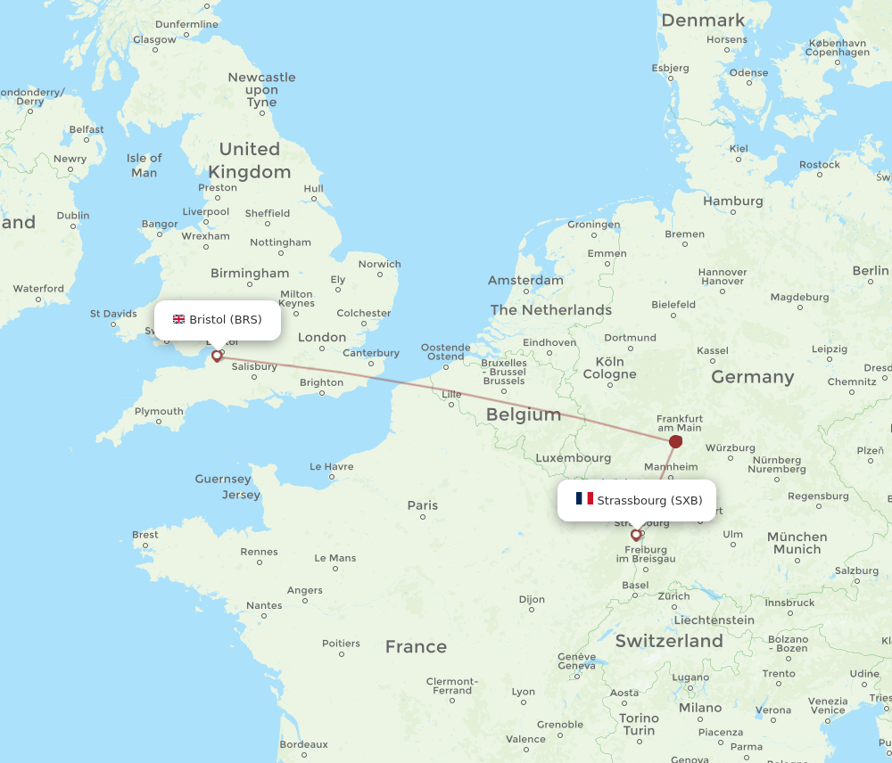 Bristol - Strasbourg route map and flight paths