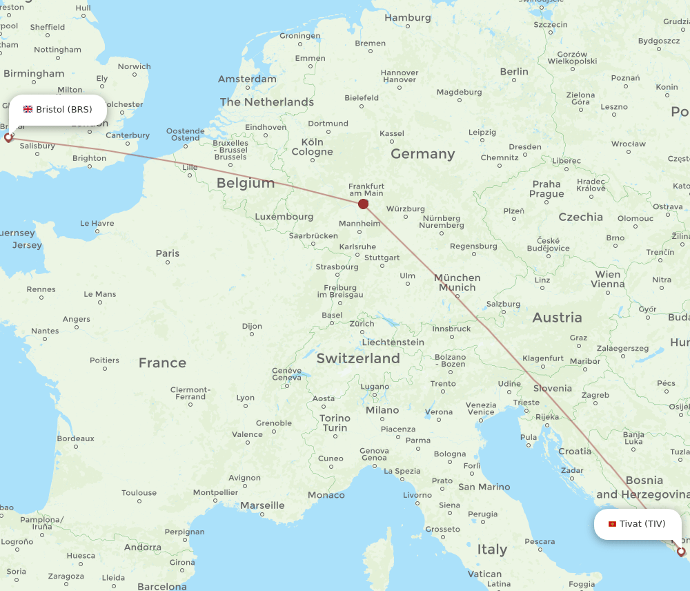Tivat - Bristol route map and flight paths
