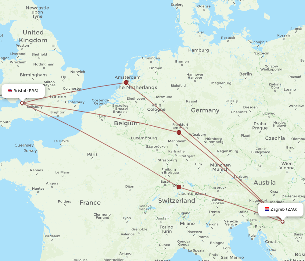Zagreb - Bristol route map and flight paths