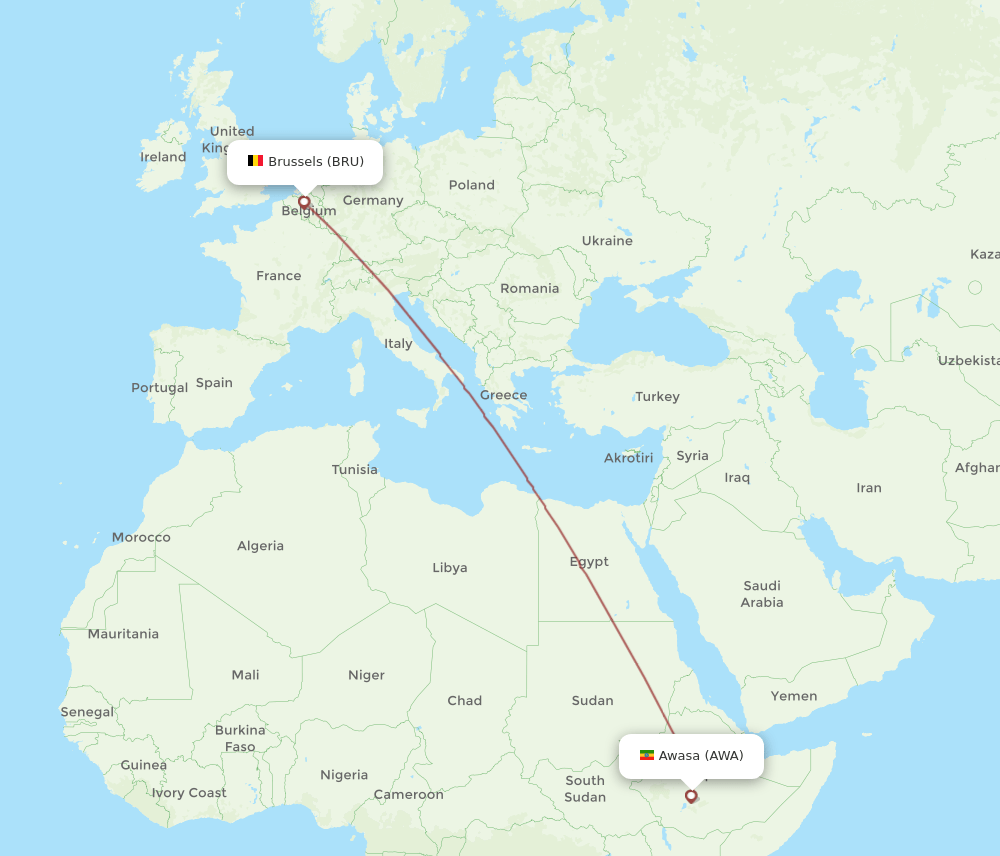 BRU-AWA flight routes