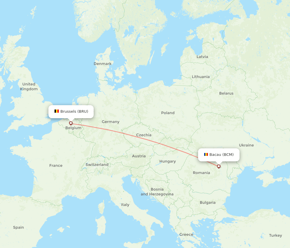 Brussels - Bacau route map and flight paths