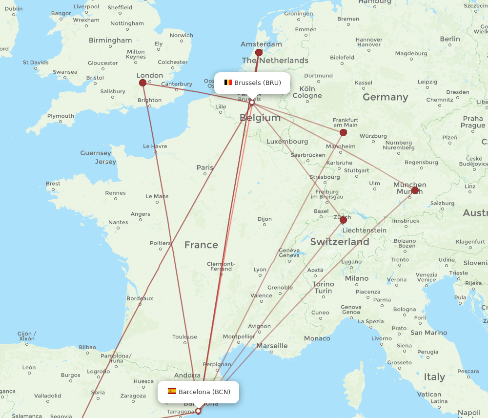 BRU to BCN flights and routes map