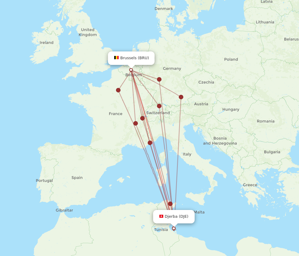 BRU to DJE flights and routes map