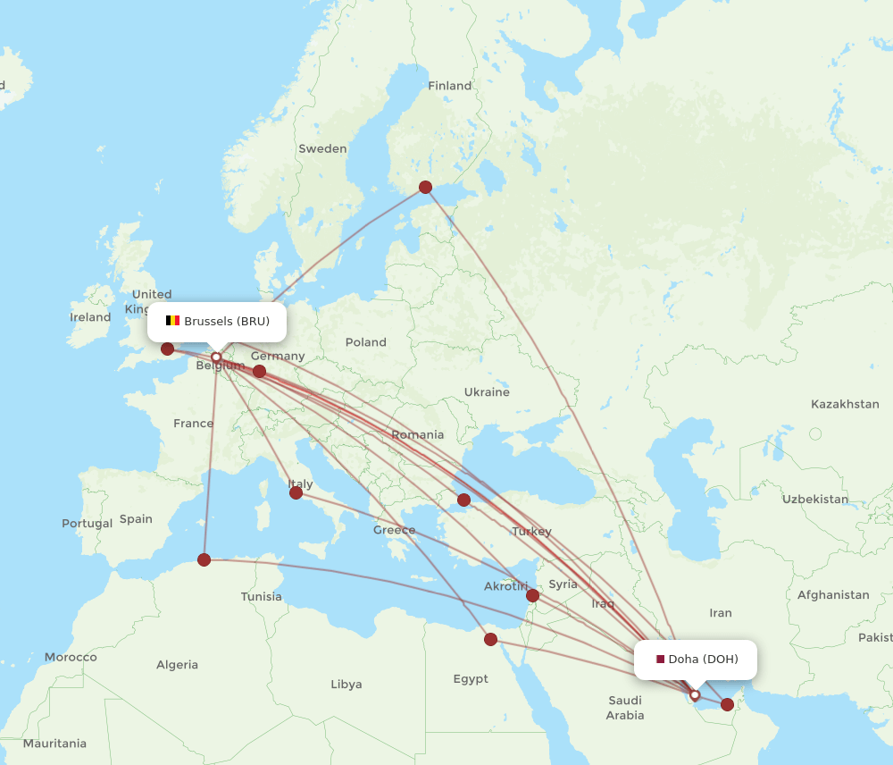 BRU to DOH flights and routes map