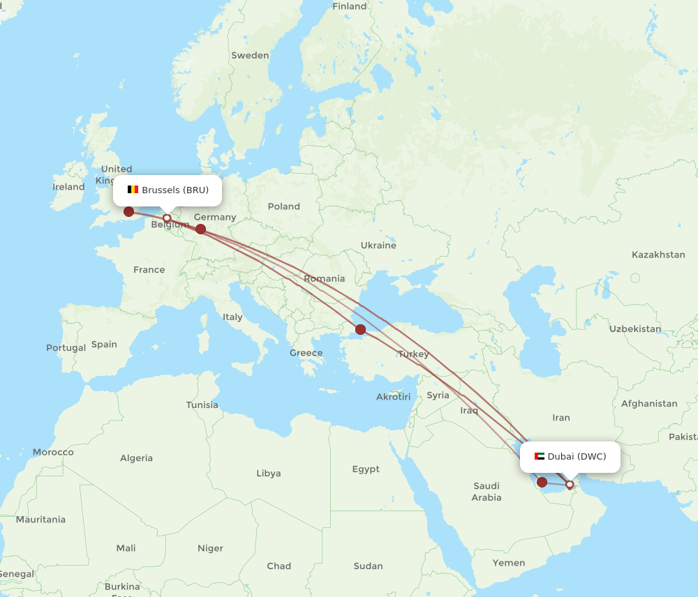 Brussels - Dubai route map and flight paths