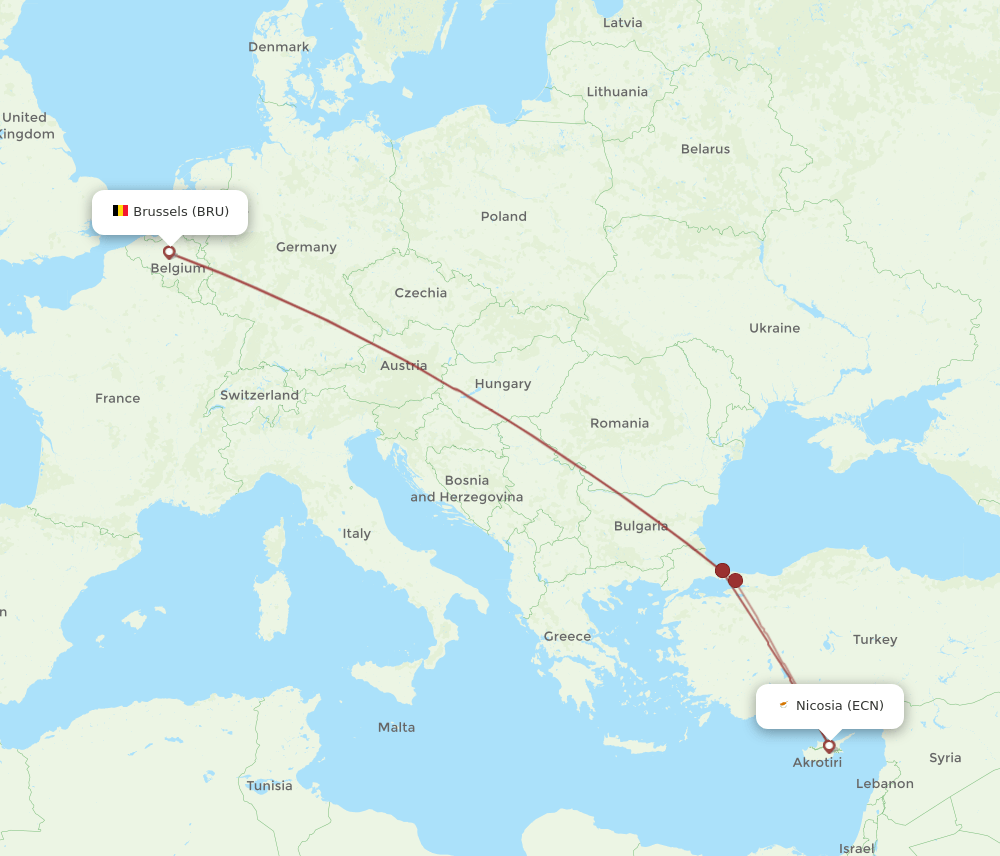 BRU-ECN flight routes