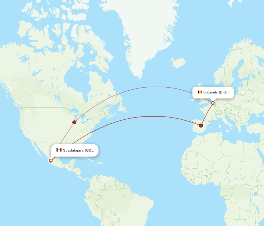 BRU to GDL flights and routes map