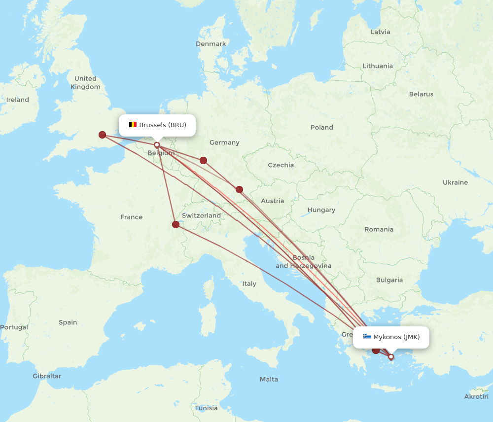 BRU to JMK flights and routes map