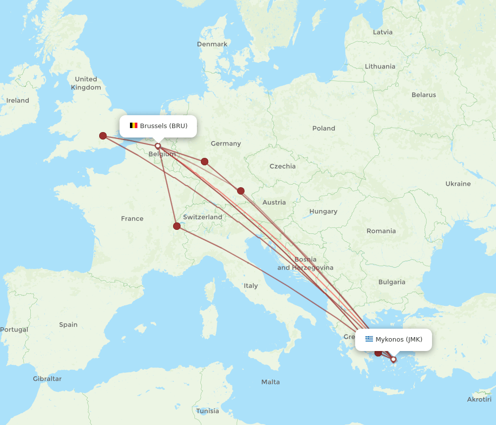 BRU-JMK flight routes