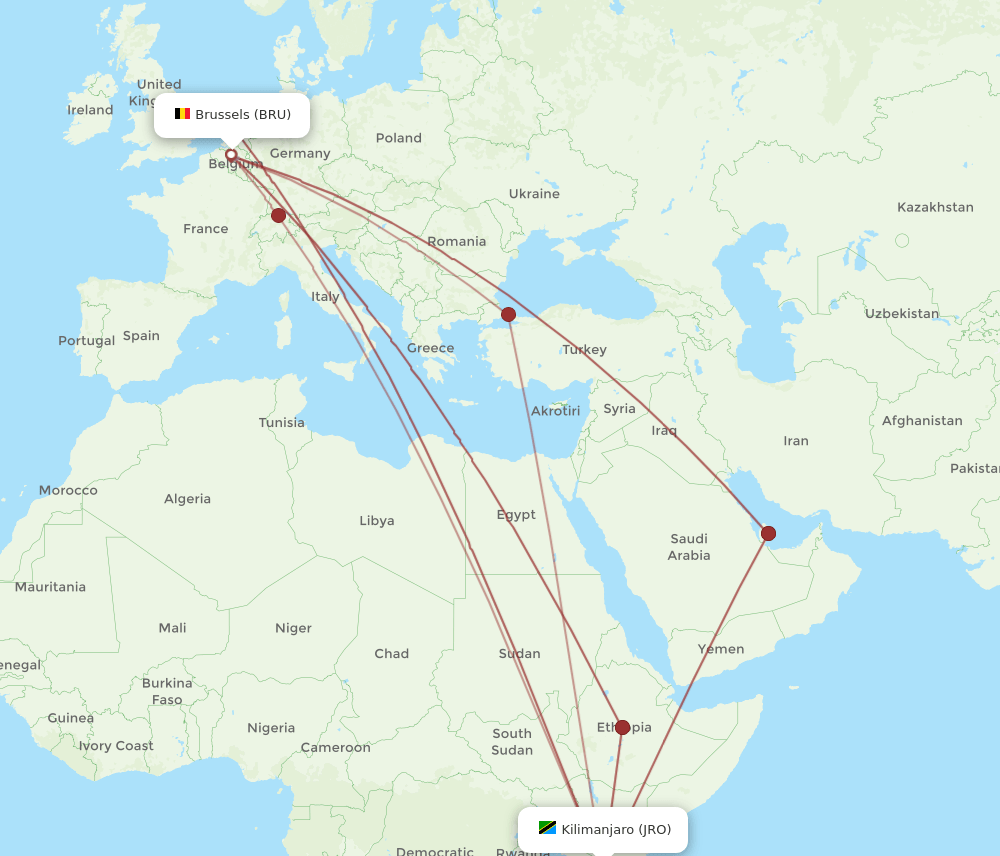 BRU-JRO flight routes