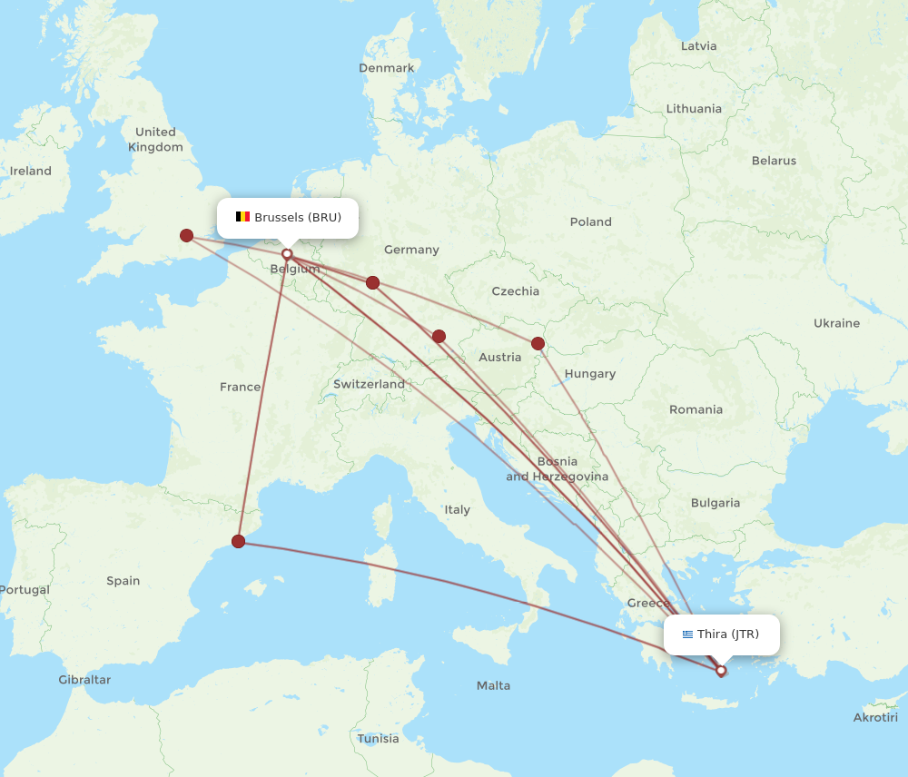 BRU to JTR flights and routes map