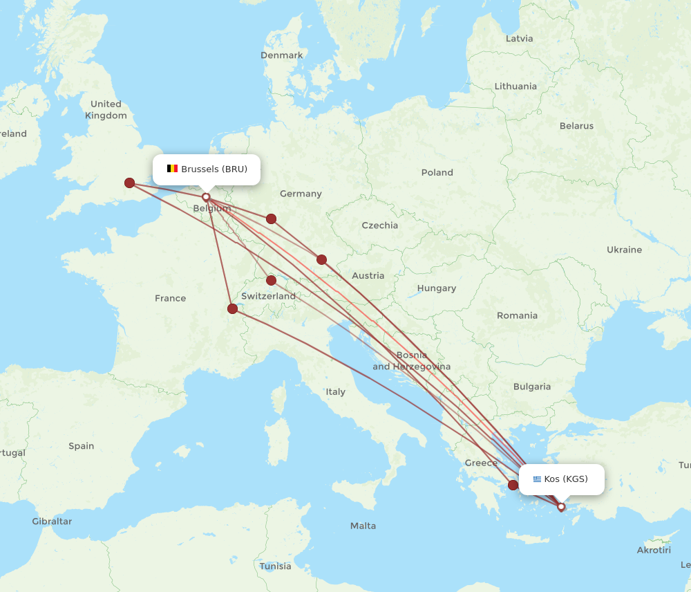 BRU to KGS flights and routes map