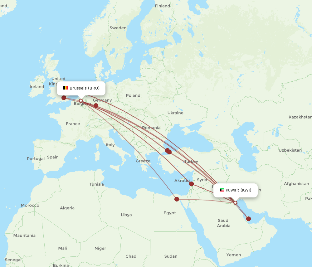 BRU to KWI flights and routes map