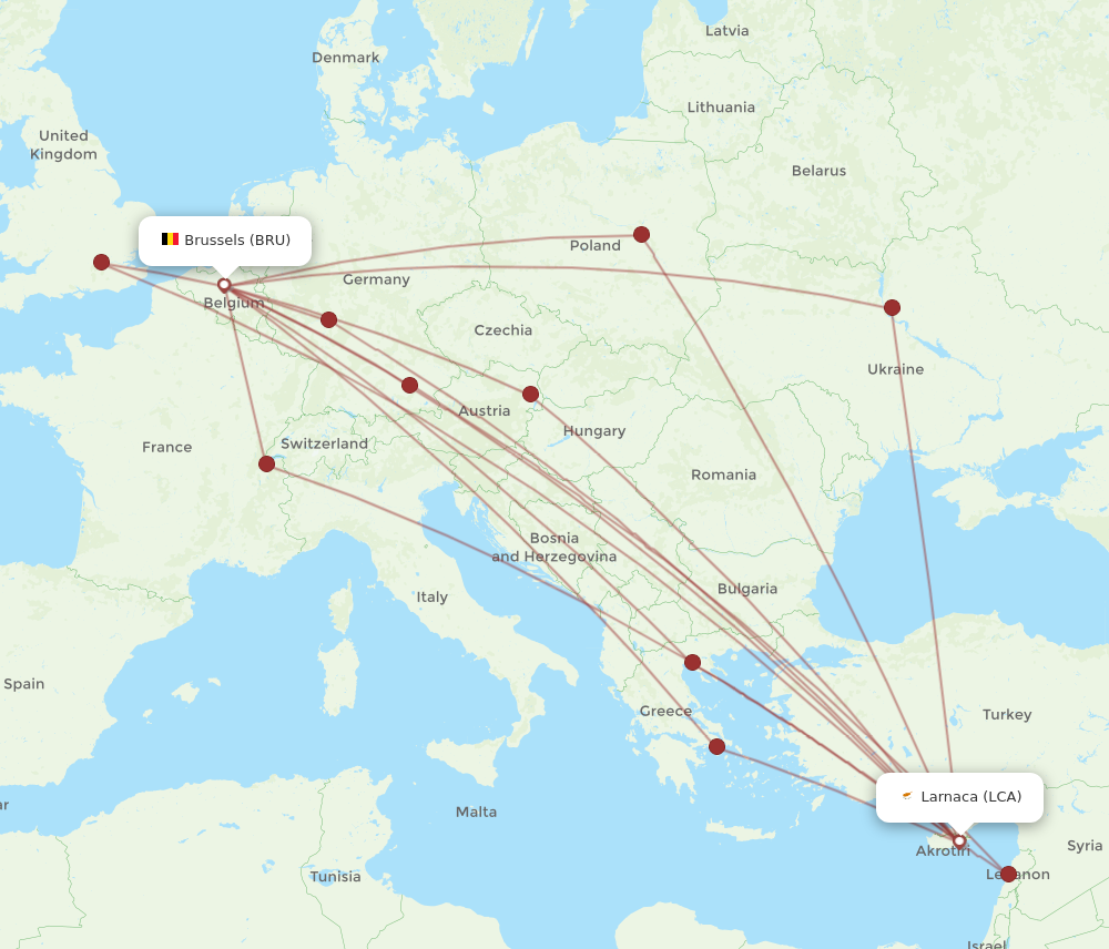 BRU to LCA flights and routes map
