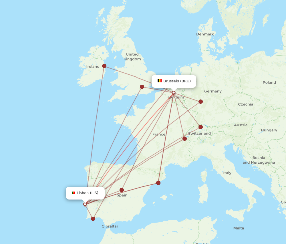 BRU to LIS flights and routes map