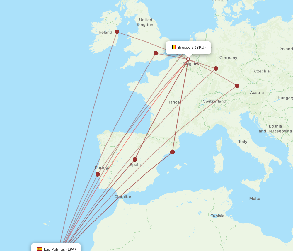 BRU to LPA flights and routes map