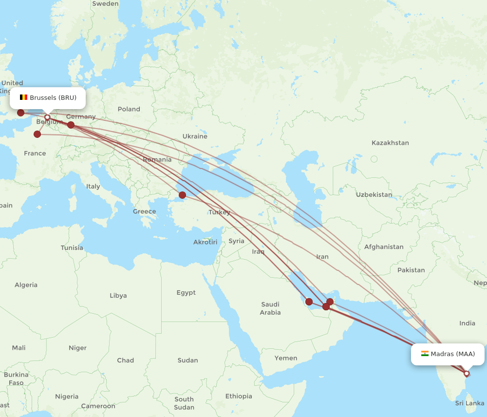 BRU to MAA flights and routes map