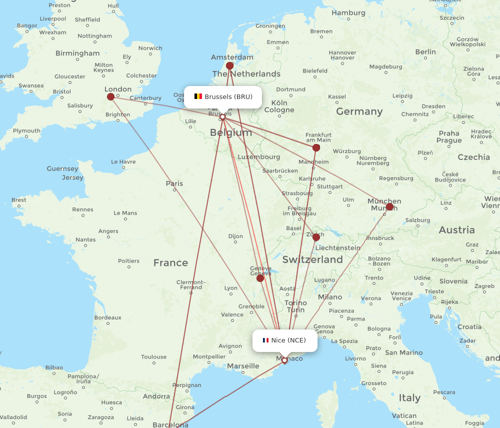 BRU-NCE flight routes