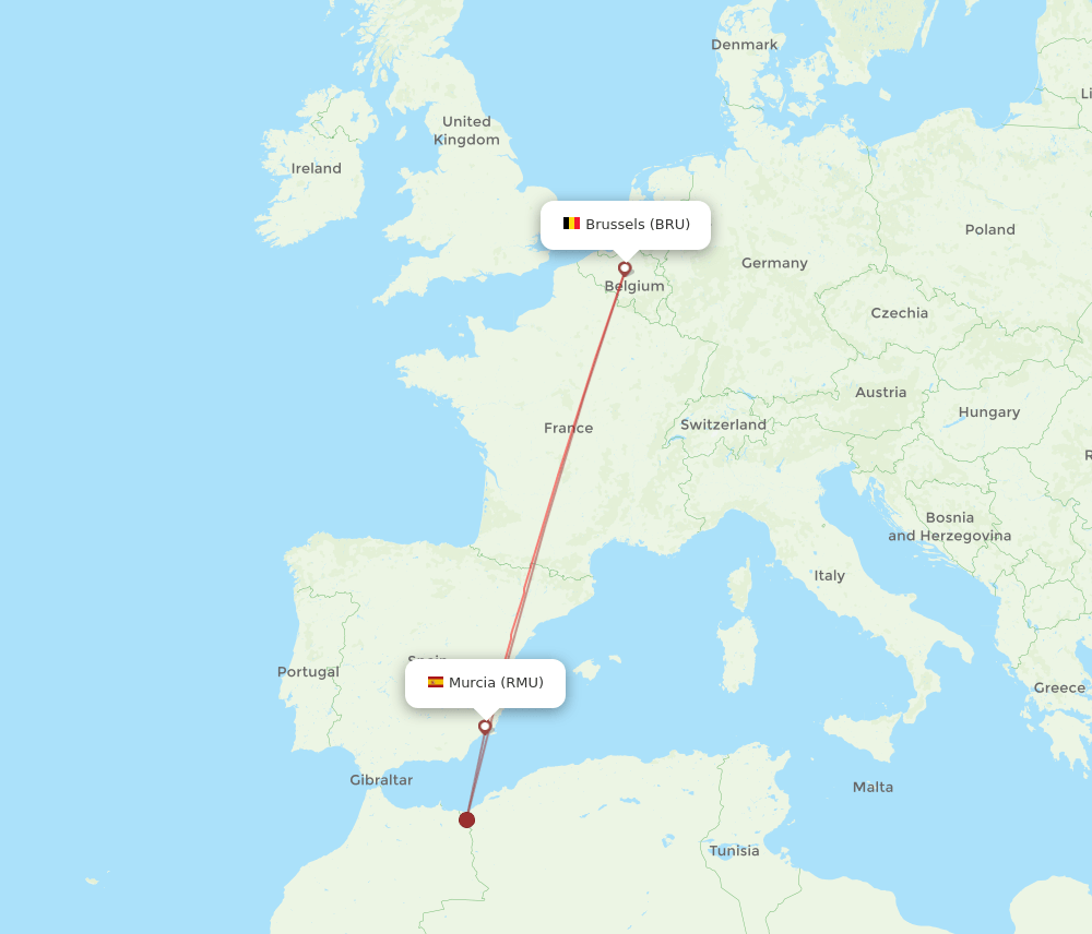 Corvera - Brussels route map and flight paths