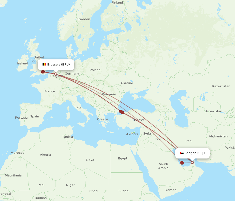 BRU to SHJ flights and routes map