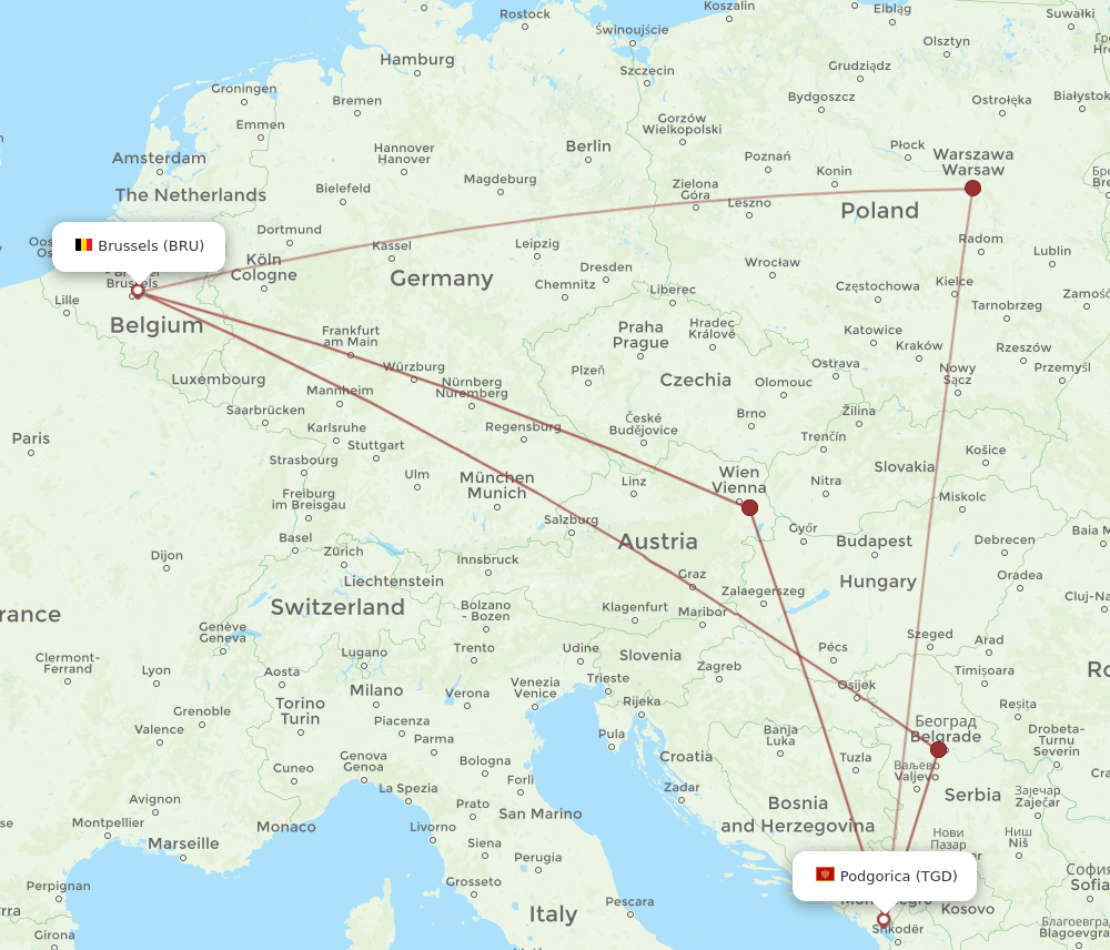 BRU to TGD flights and routes map