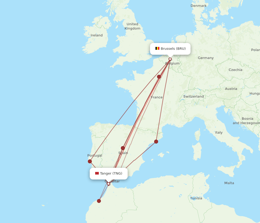 BRU to TNG flights and routes map