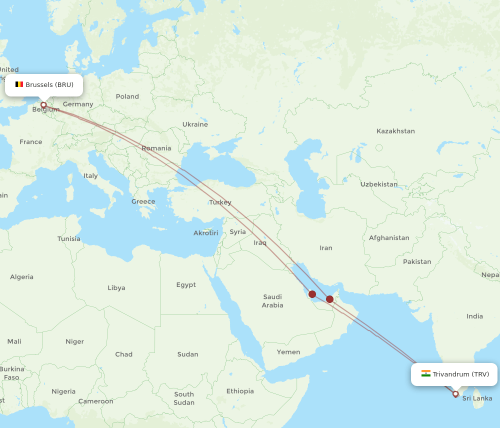 BRU-TRV flight routes