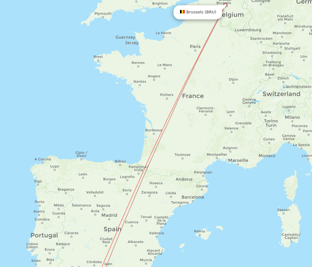 Brussels - Tetouan route map and flight paths