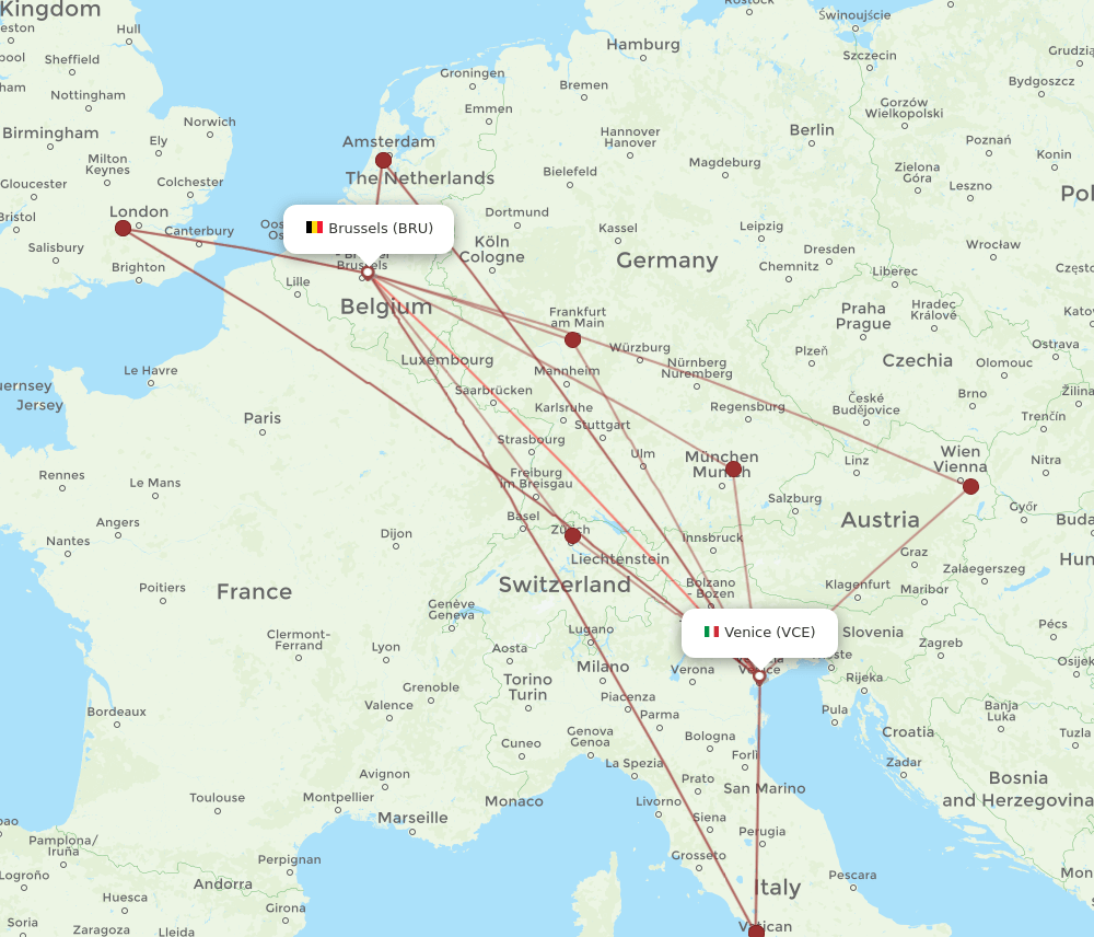 Brussels - Venice route map and flight paths