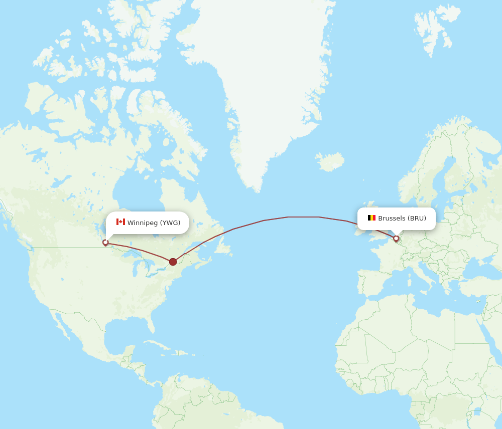 Winnipeg - Brussels route map and flight paths