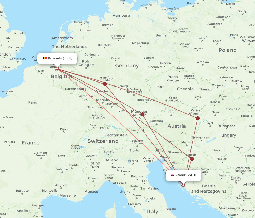 Zadar - Brussels route map and flight paths