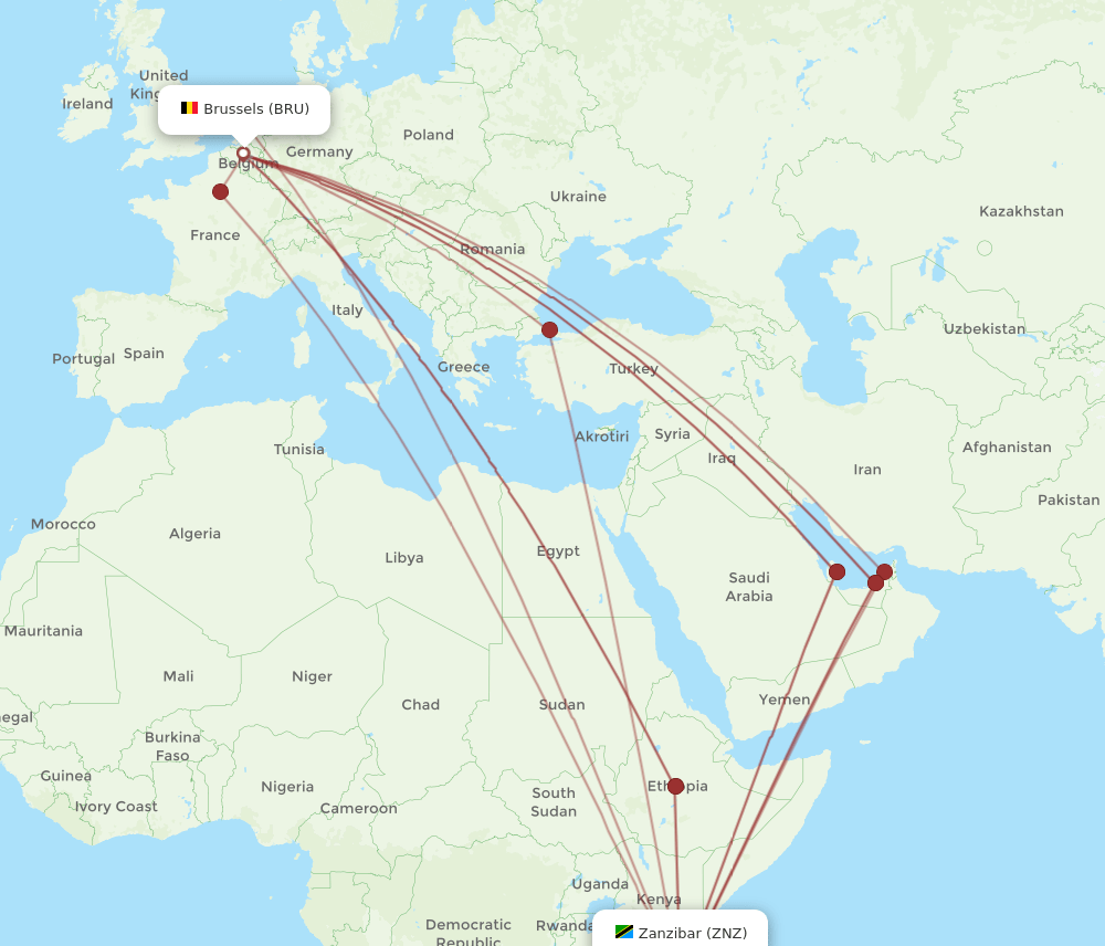 BRU-ZNZ flight routes