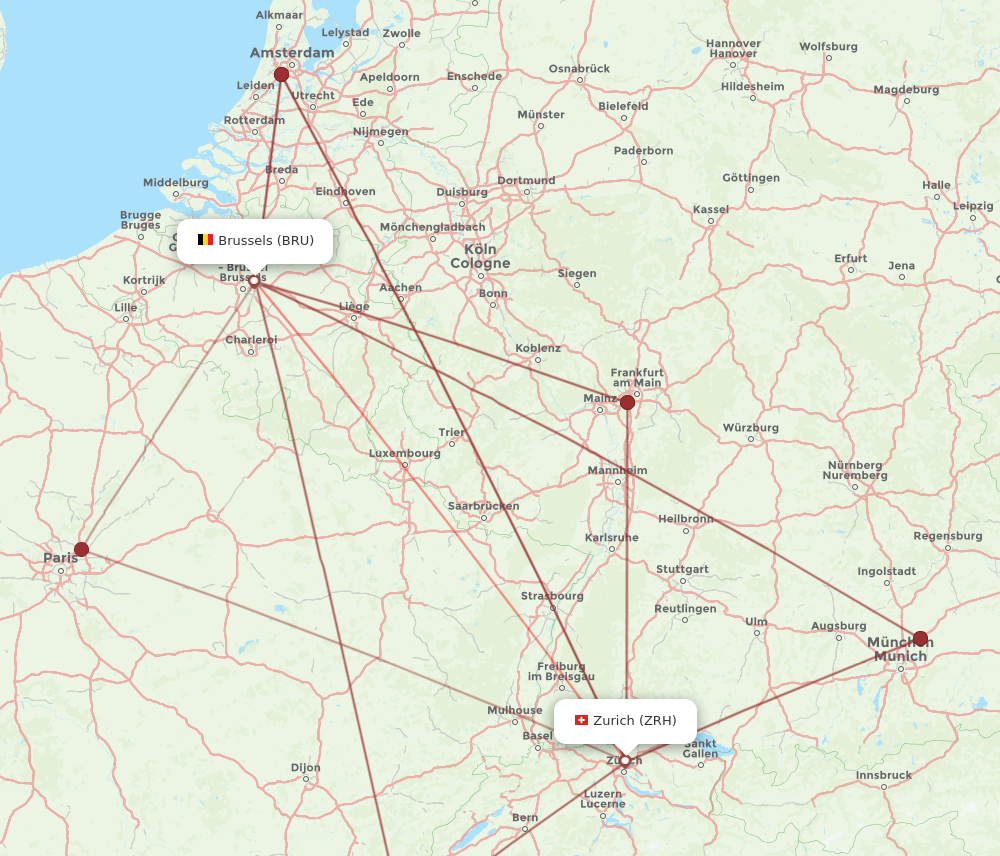 BRU to ZRH flights and routes map