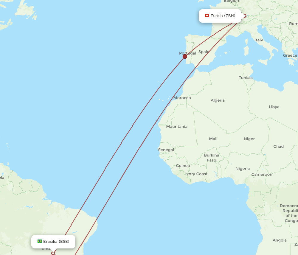 Zurich - Brasilia route map and flight paths