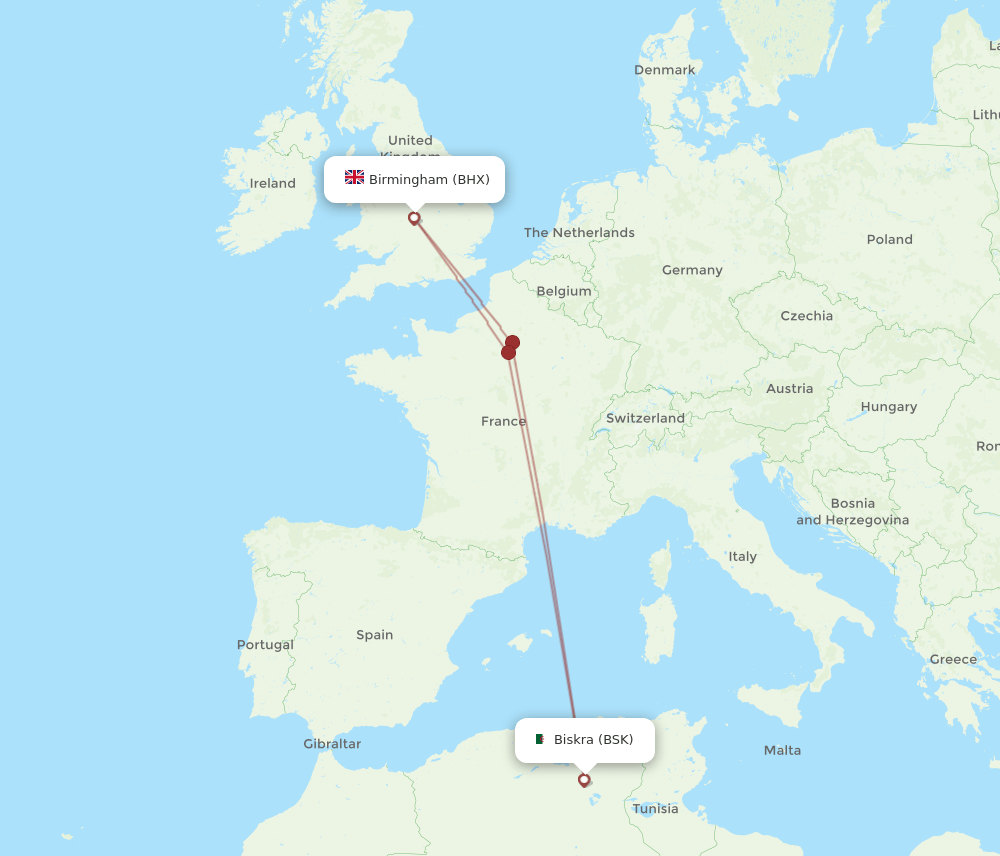 Birmingham - Biskra route map and flight paths