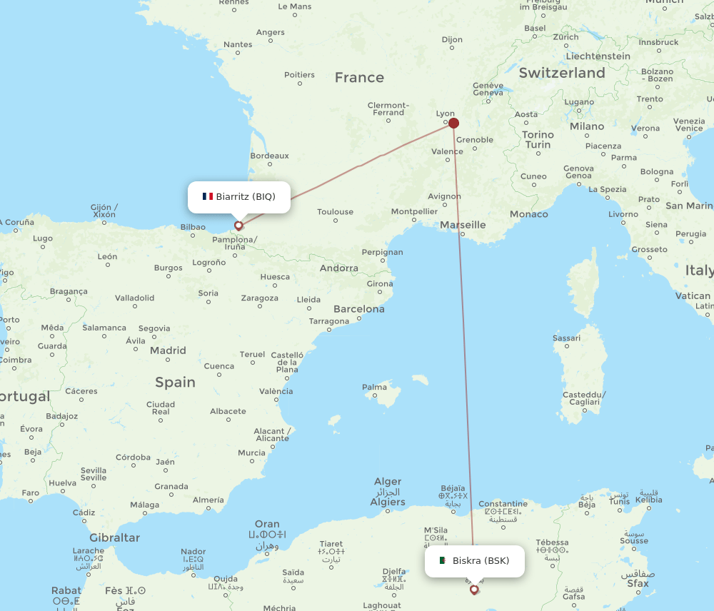 Biarritz - Biskra route map and flight paths