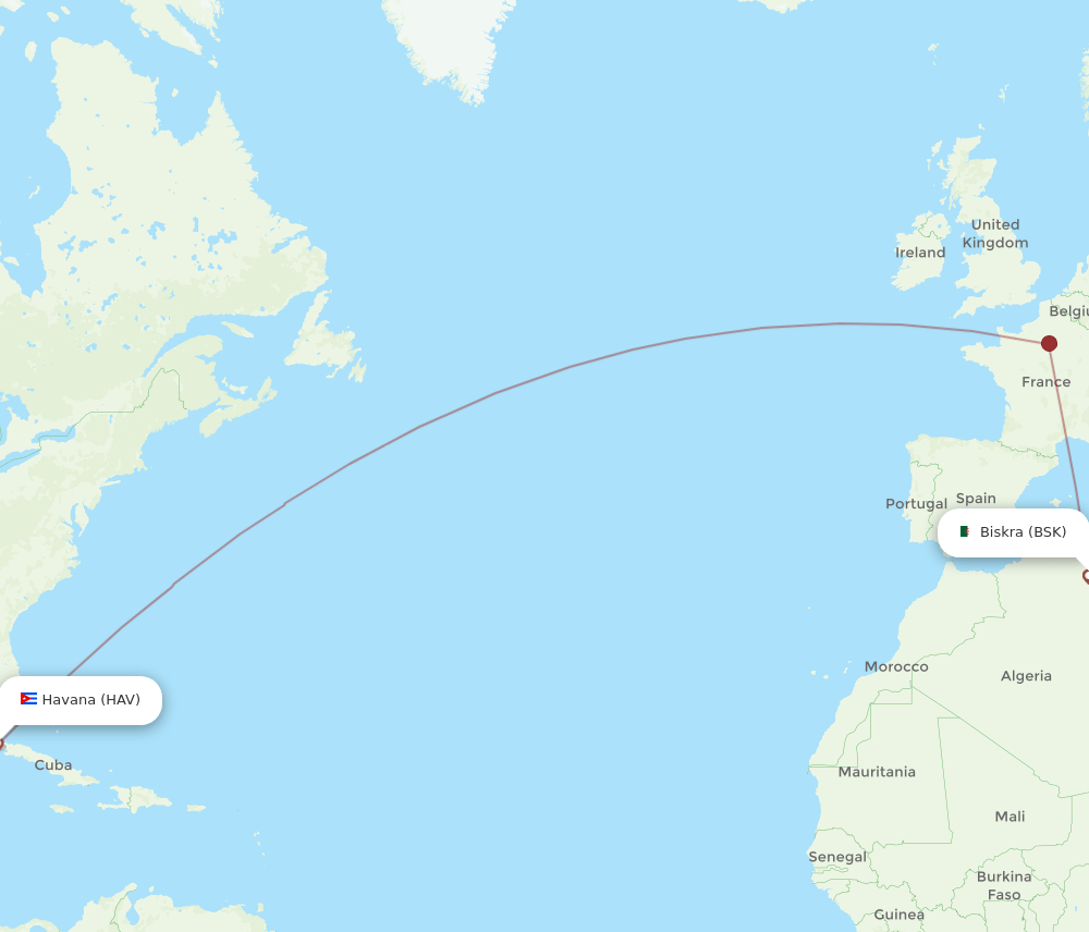 Havana - Biskra route map and flight paths