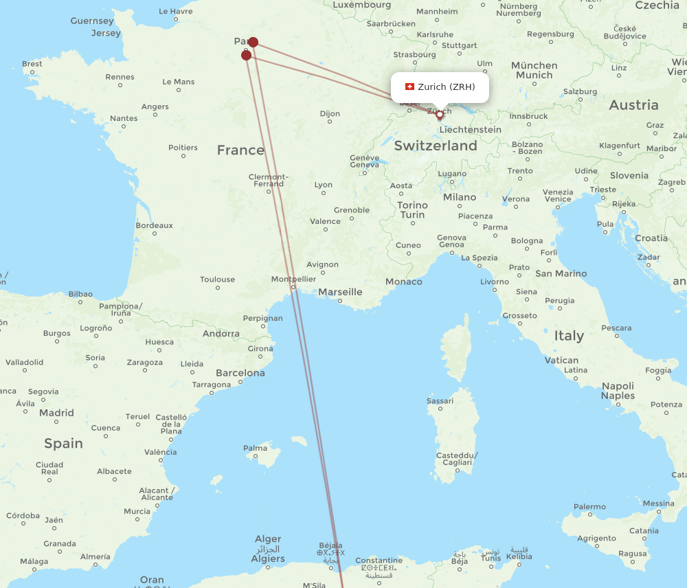 Zurich - Biskra route map and flight paths