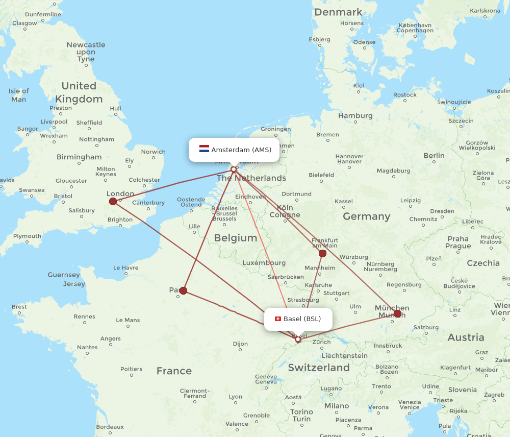 BSL to AMS flights and routes map