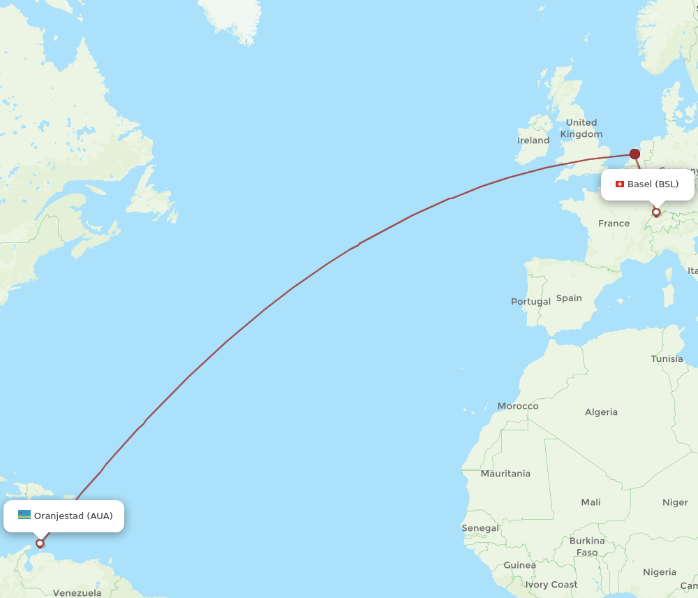 BSL to AUA flights and routes map