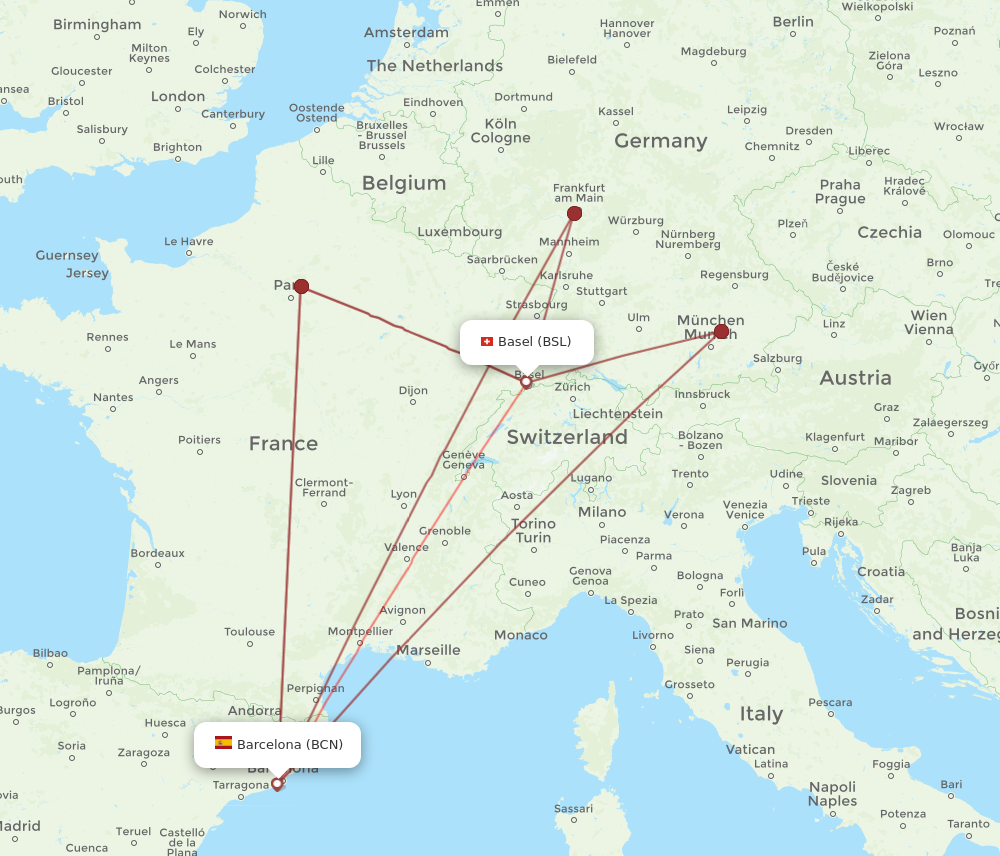 BSL to BCN flights and routes map