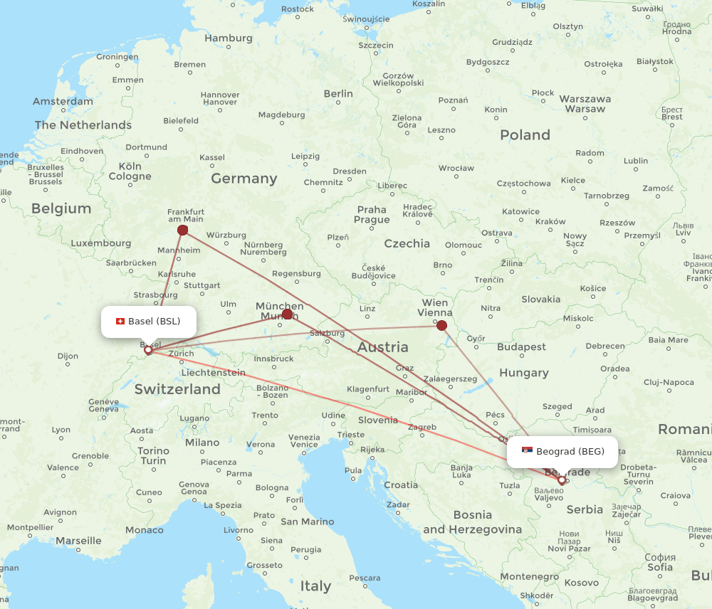BSL to BEG flights and routes map