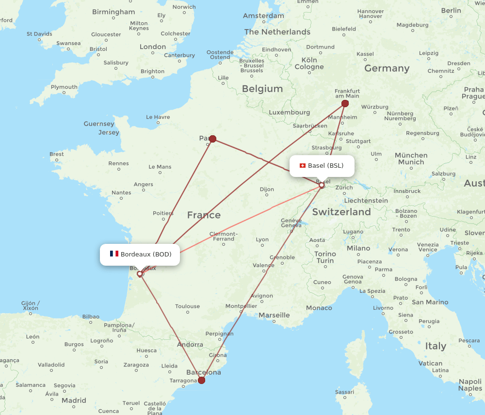 BSL to BOD flights and routes map