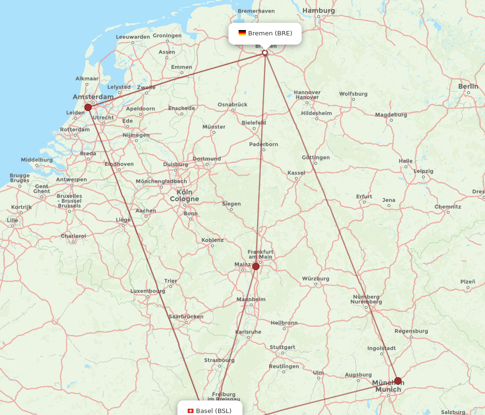 BSL to BRE flights and routes map