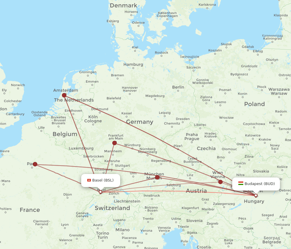 BSL to BUD flights and routes map